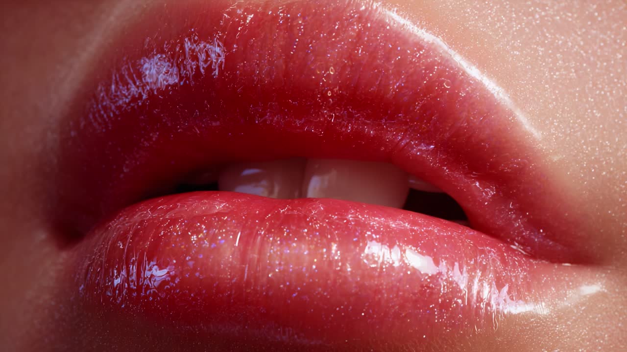 Primo piano di labbra lucide e sensuali che mettono in risalto brillantezza e texture straordinarie, perfette per la fotografia di bellezza e cosmetici, che mostrano colori vivaci e un fascino accattivante