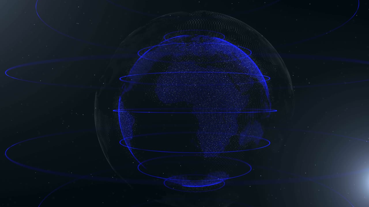 Abstract sphere. Connected navy blue dots with lines. Globalization interface. Croped sphere. Upper half of a sphere. Moving blicks. 4K.