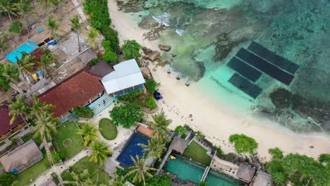 Arena-Blanca-Prístina-En-La-Playa-De-Punto-Secreto-En-Nusa-Ceningan-Bali-En-Un-Día-Soleado,-Vista-Aérea-De-Arriba-Hacia-Abajo