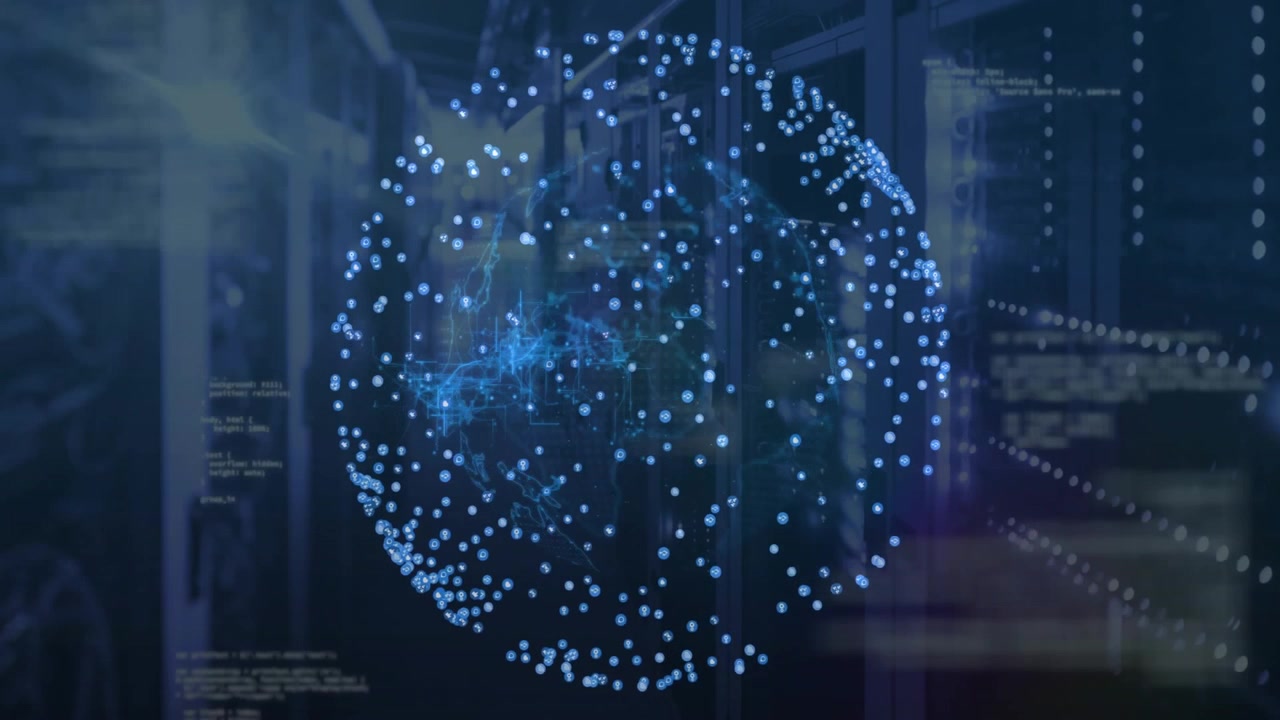 Point cloud sphere appearing rotating as code overlays sliding and network pulsing visualizing data