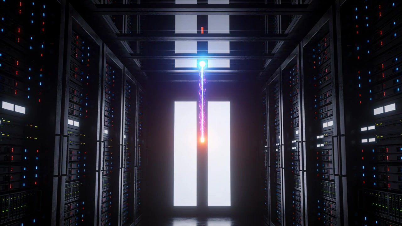 Emettitore ciano pulsante che invia un impulso arancione lungo un raggio tra i rack dei server, segnalando lo stato del sistema.