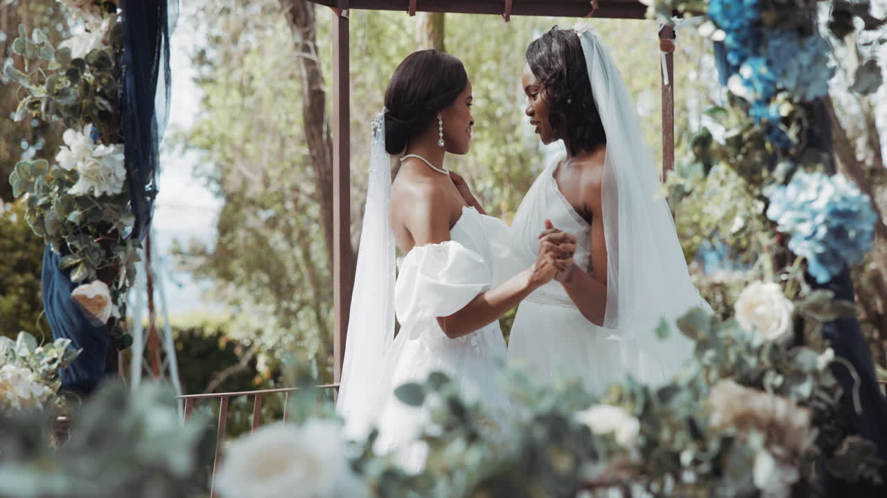 Lesbian, wedding and dance in garden