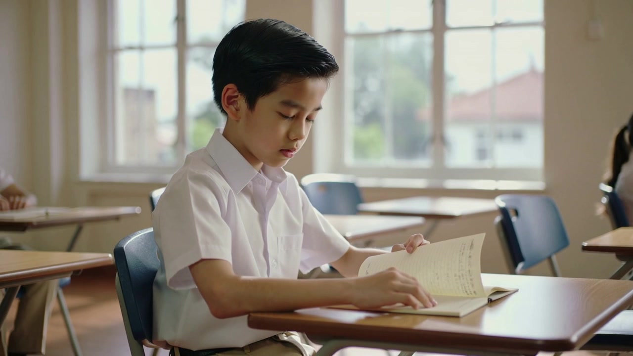 เด็กชายในห้องเรียนสวมเครื่องแบบกำลังพลิกหน้าหนังสือที่เปิดอยู่บนโต๊ะเมื่ออ่านถึงหน้าสุดท้าย และอ่านต่อไป