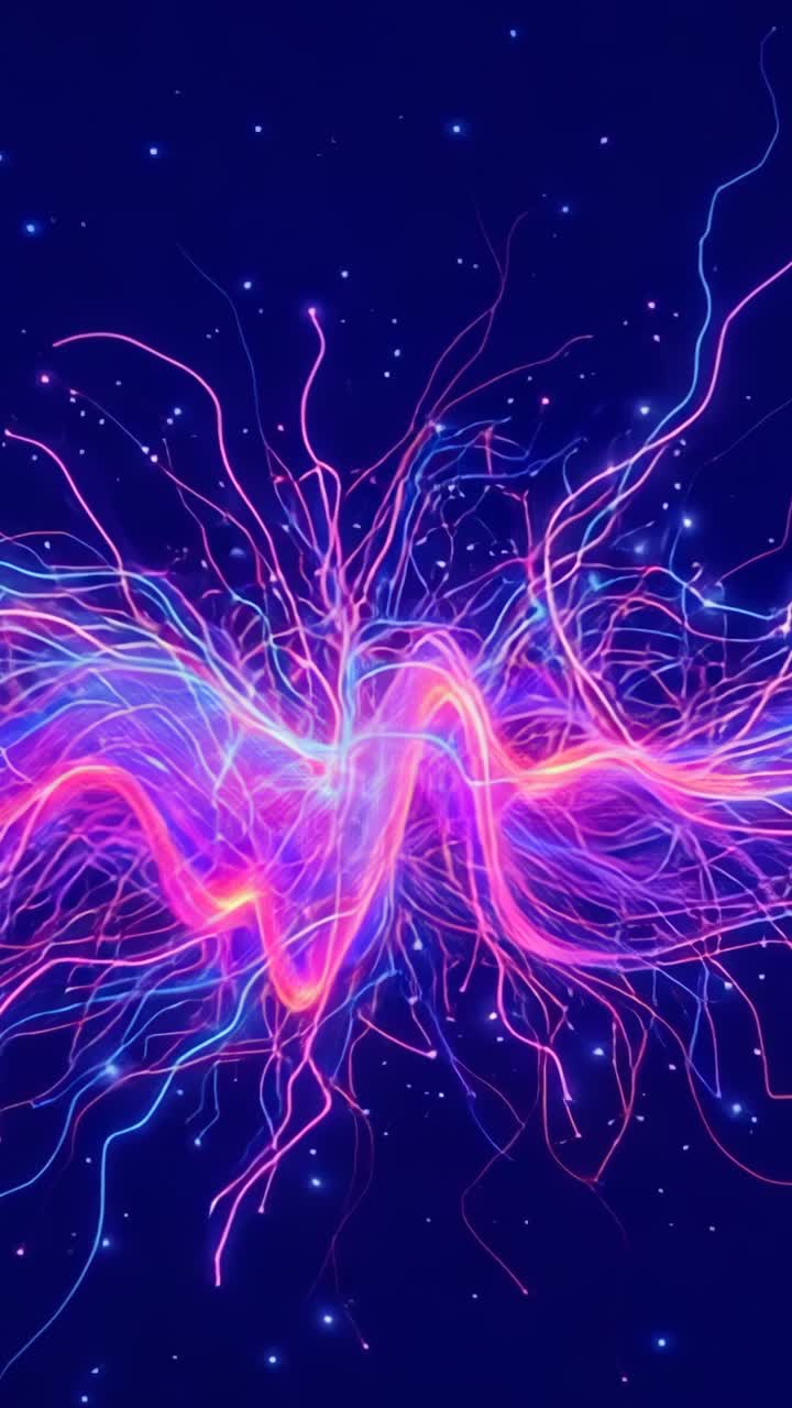 Vertical video: Starting neon wave splitting into glowing tendrils and pulsing in void with specks