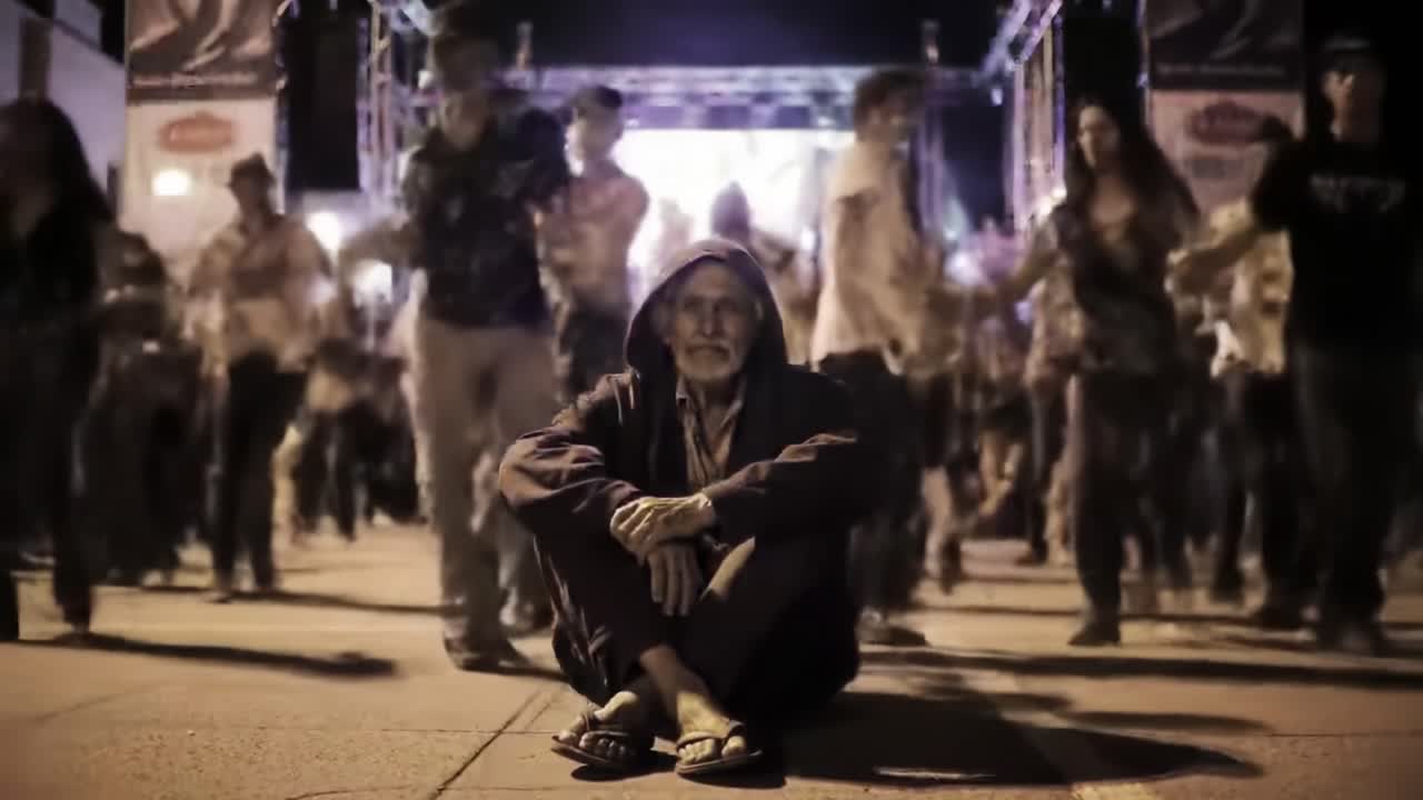 A man sits quietly on the pavement wearing a hood, observing a lively crowd dancing around him at an evening festival. The atmosphere is energetic and vibrant.