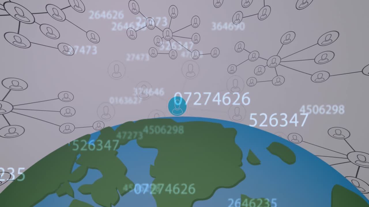 아이콘과 글로브를 가진 연결 네트워크를 통해 데이터 처리의 애니메이션