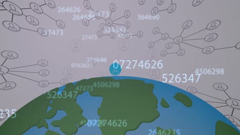 animation of data processing over network of connections with icons and globe