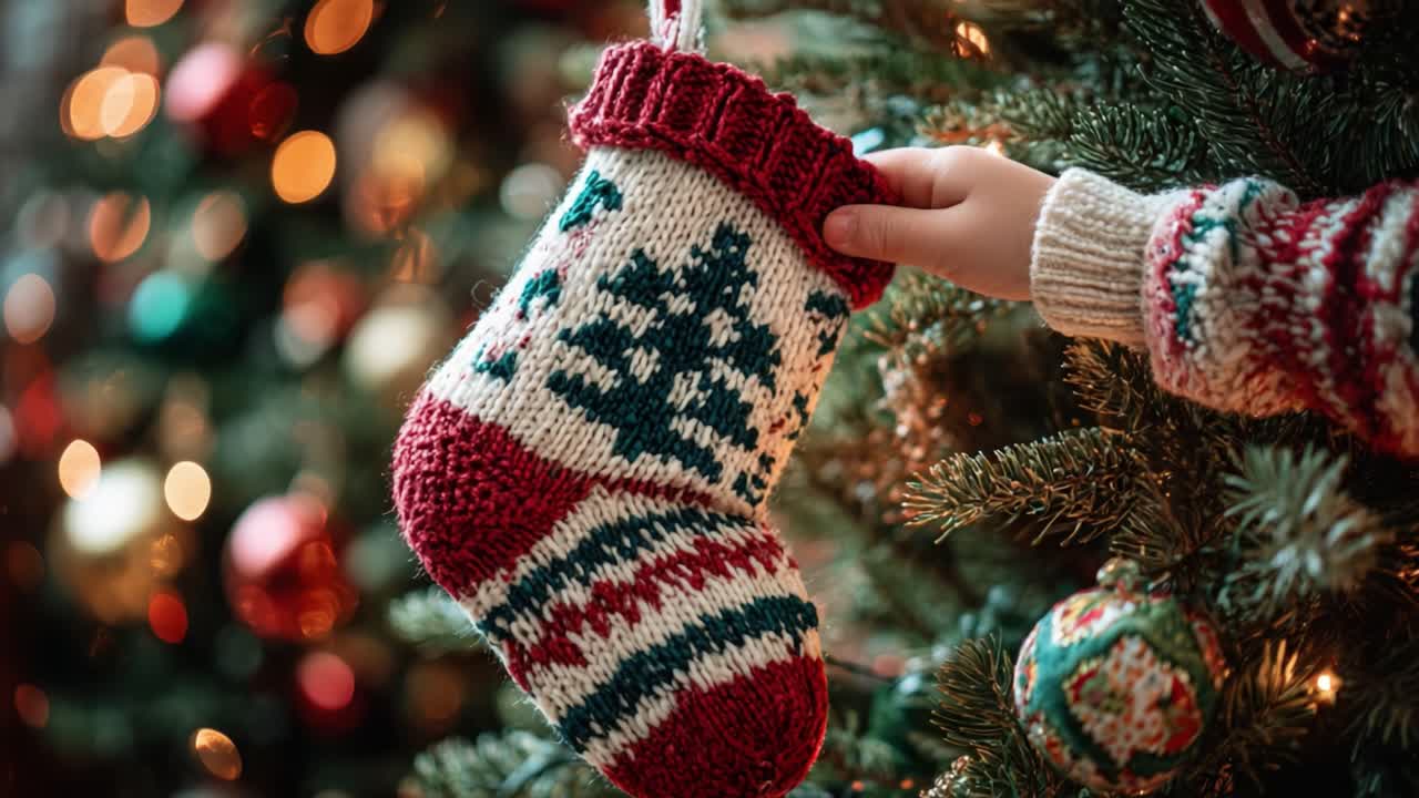 A Hand Delicately Holds a Festively Designed Knitted Christmas Stocking, Perfectly Adorned with Seasonal Decor Against a Background of Glimmering Ornaments and Lights
