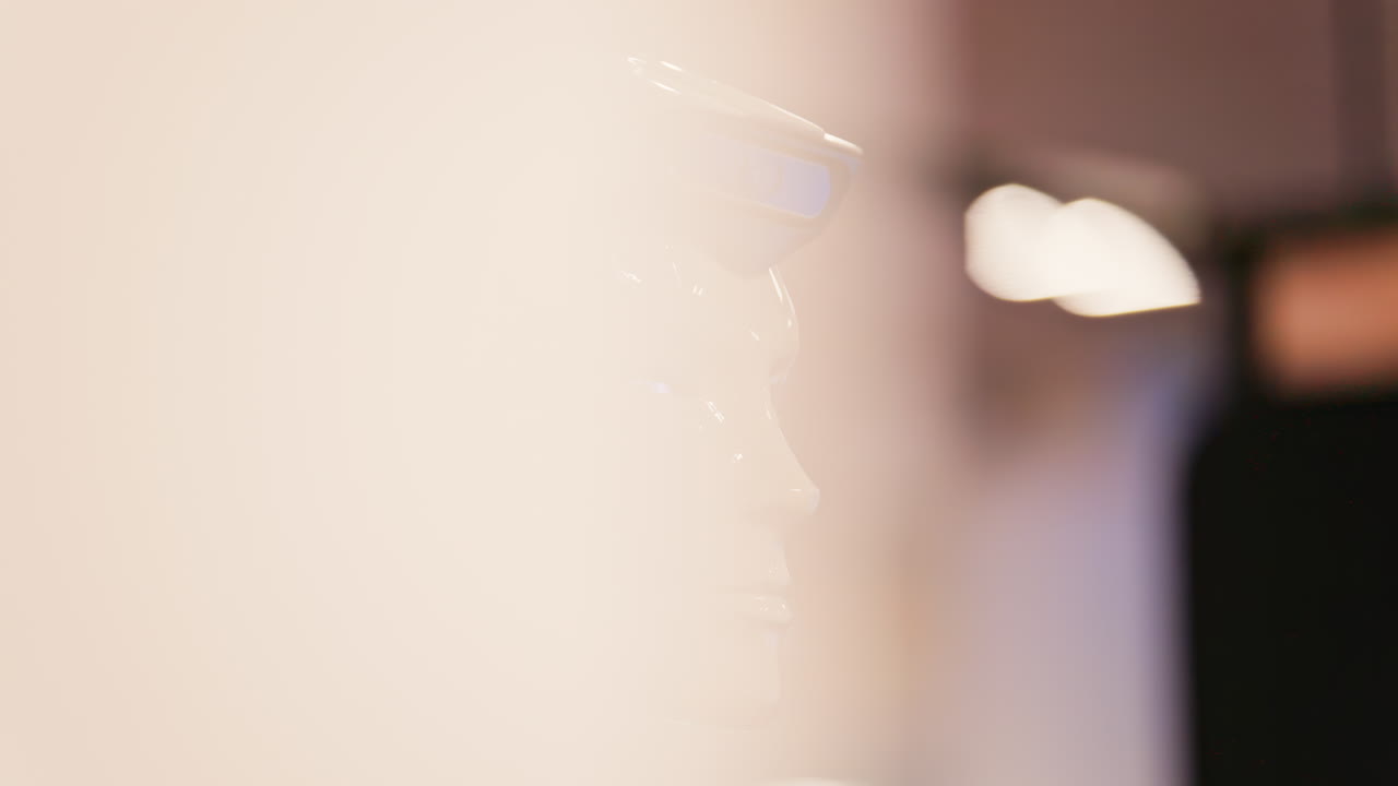 Cannes, France - February 15, 2025: Humanoid robot with a sleek black and white body, and glowing blue eyes, standing at conference