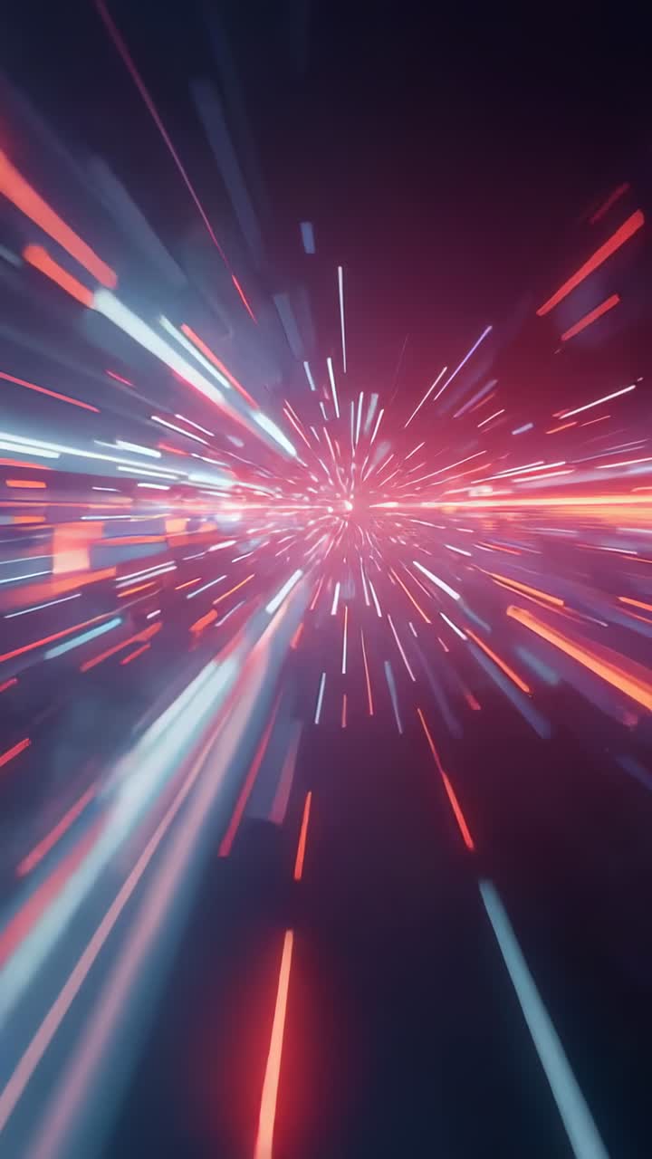 Video verticale: tunnel al neon con effetto warping a esplosione centrale iniziale, fasci di guida e scintille per la profondità