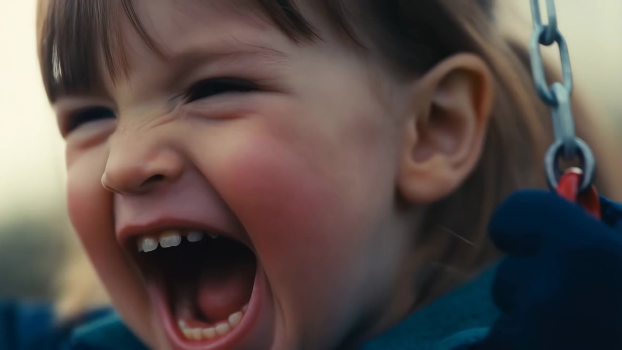 Vista ravvicinata di un bambino piccolo che ride mentre è seduto sull'altalena, bocca aperta che mostra i dentini da latte, guance arrossate, occhi socchiusi, dettaglio della catena metallica, atmosfera luminosa di un parco giochi all'aperto con gioia spontanea e movimento.