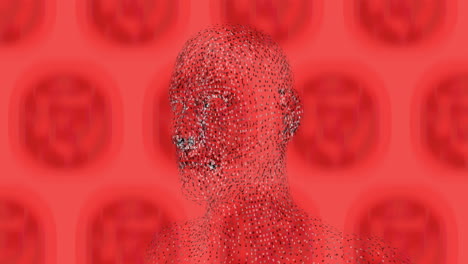 digital animation of human face model spinning against round shapes on red background