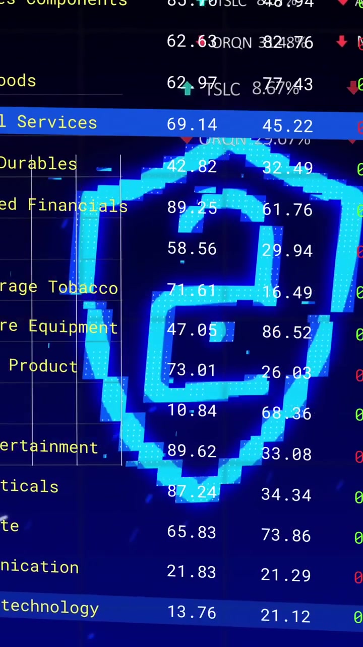 Animation of padlock, statistics, stock market and financial data processing