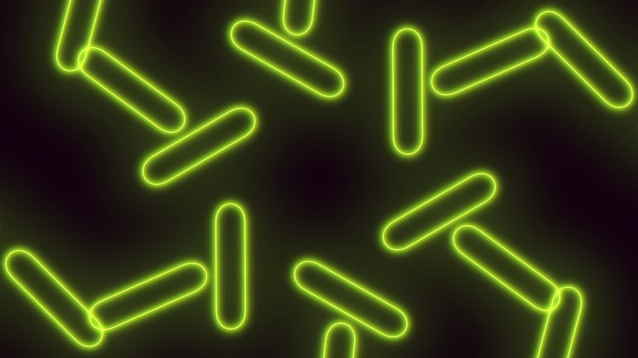 Forme a capsula verde neon vibranti si muovono e ruotano su sfondo scuro in un'animazione astratta continua, ideale come sfondo in stile tecnologico moderno per titoli, presentazioni o motion design