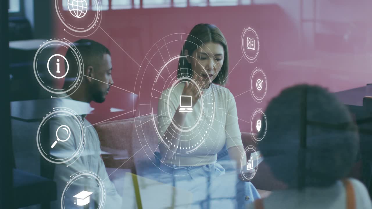 Woman presenting papers and leading business meeting, activating HUD with laptop icon pulsing
