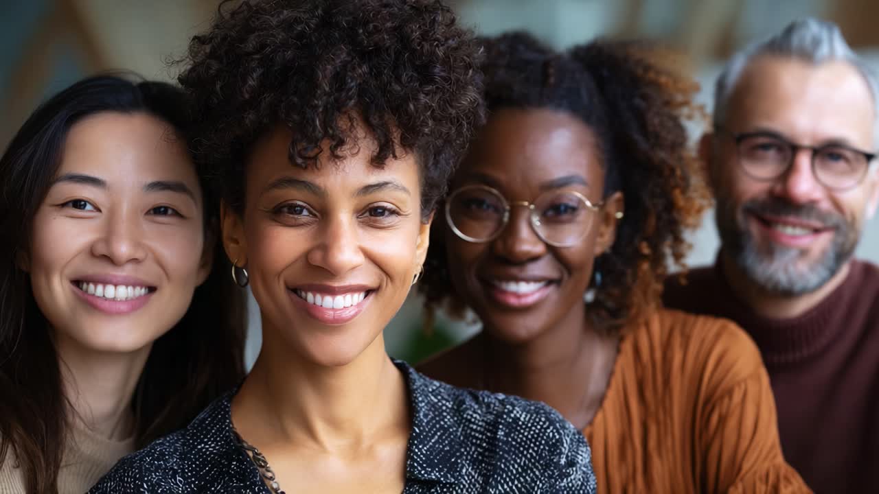 Uma reunião alegre de quatro amigos diversos compartilhando sorrisos e camaradagem, capturando um momento de felicidade e conexão em suas expressões vibrantes.