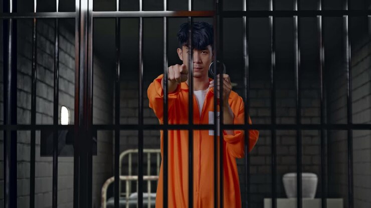 Detenuto asiatico in piedi in carcere, che mostra le manette e punta il dito verso di te.