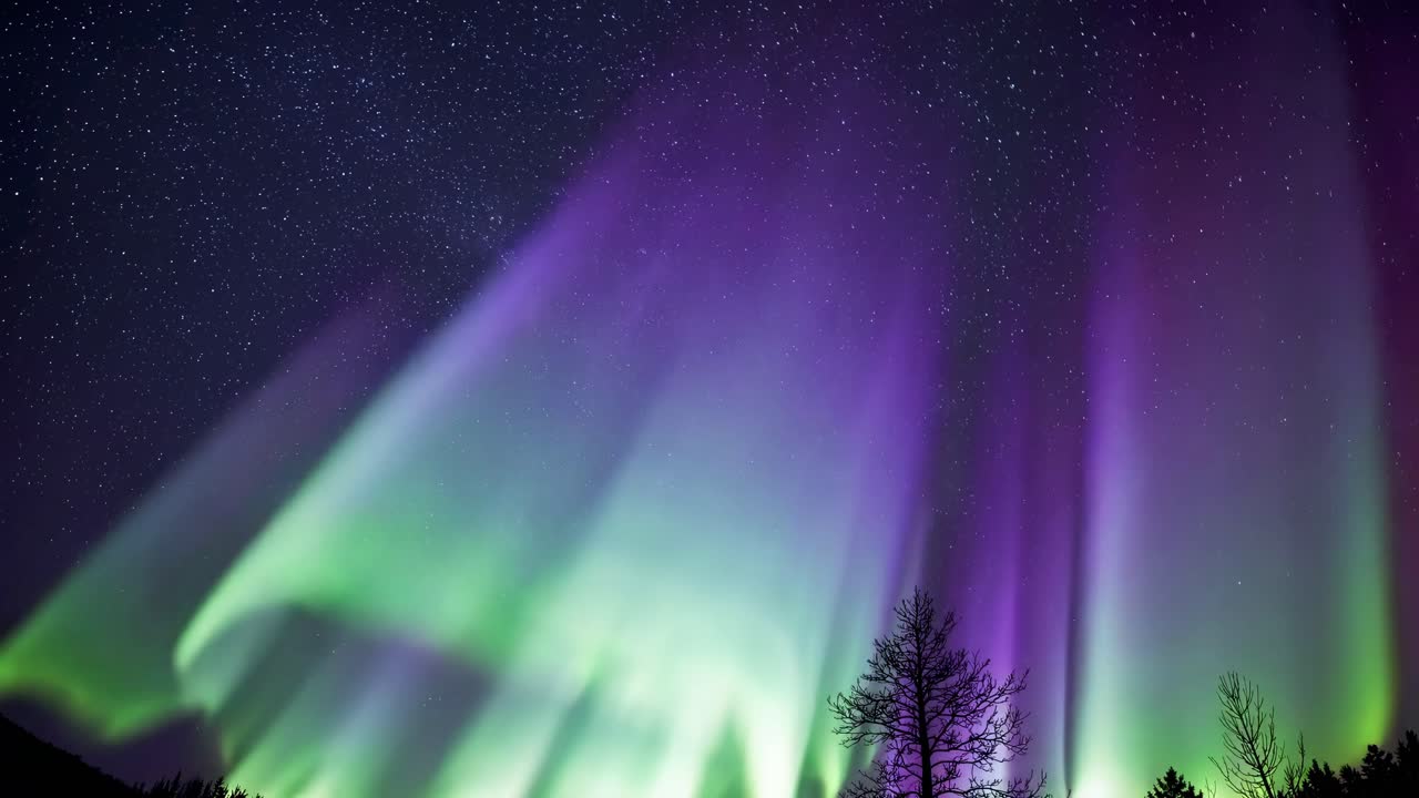 Video sudut lebar yang memesona menangkap aurora borealis yang cerah dengan latar langit malam bertabur bintang.