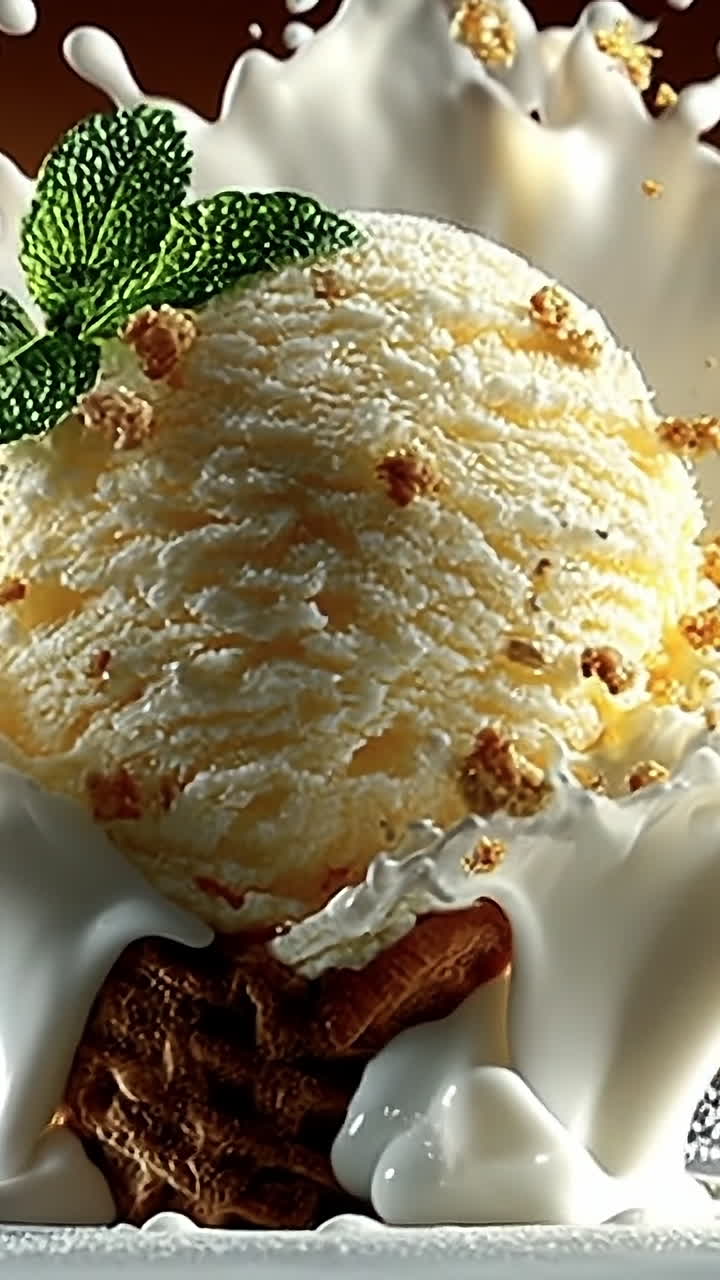 Lemon ice cream scoop splashing in milk. A perfectly round scoop of lemon ice cream is splashing into a pool of milk, with lemon slices and mint leaves nearby.