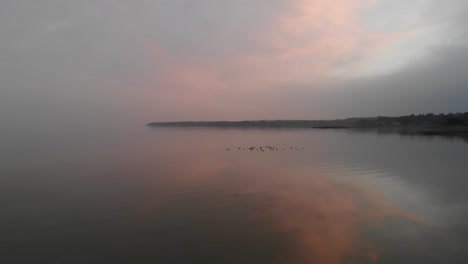 Luftaufnahme-Des-Ozeans-In-Wunderschönen-Sonnenuntergangsfarben-Mit-Wellen-Und-Seevögeln