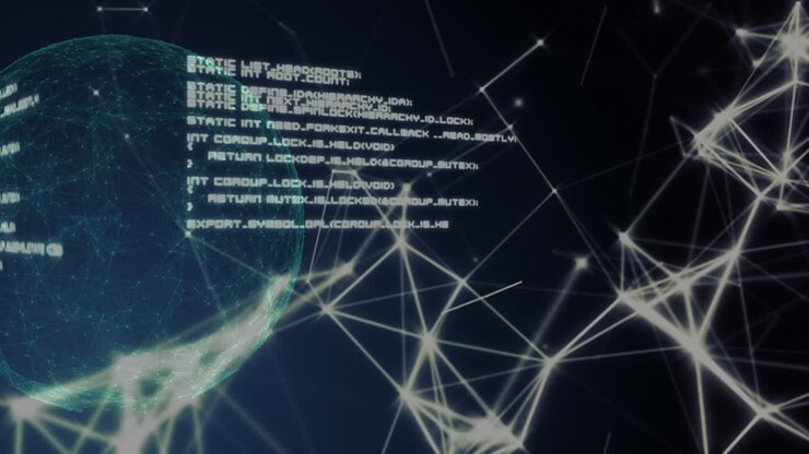 Network of connections and data processing against spinning globe