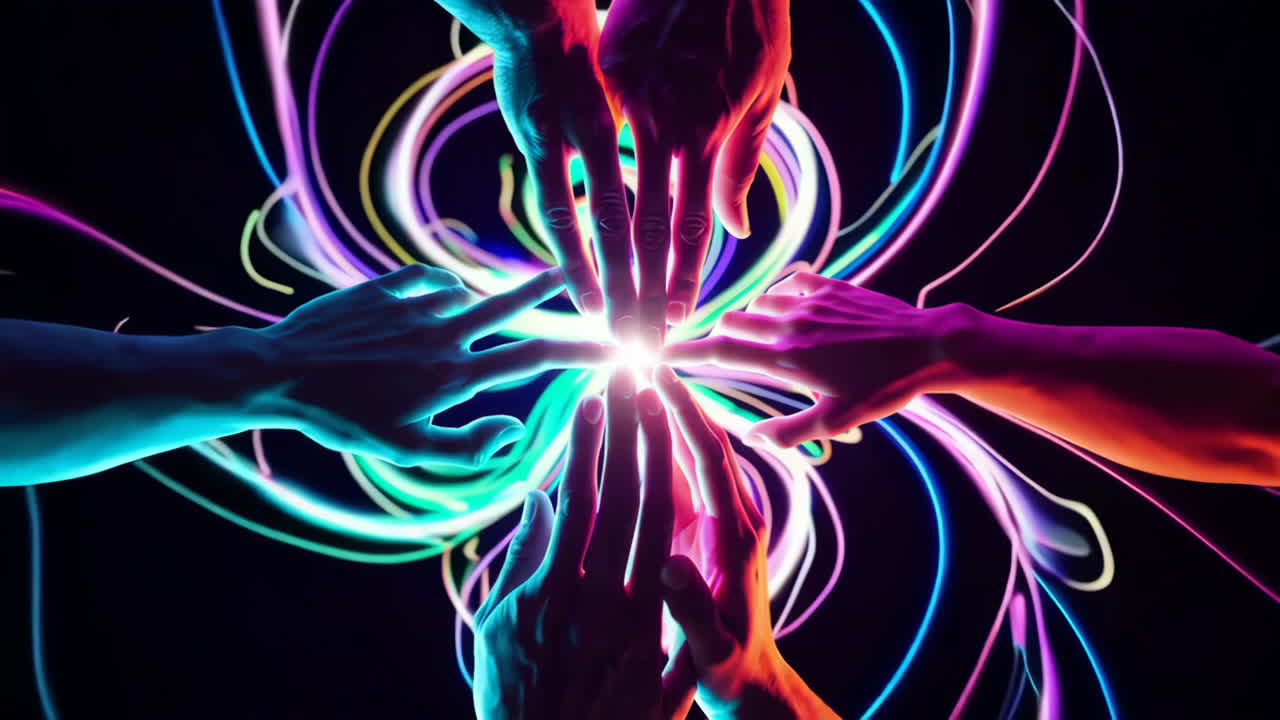 Hands Connecting with Glowing Light and Vibrant Neon Trails