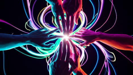 hands connecting with glowing light and vibrant neon trails