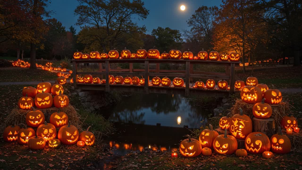 A Spooktacular Display of Glowing Jack-o'-Lanterns Illuminating a Bridge Under a Full Moon, Creating a Haunted Atmosphere in a Serene Night Landscape