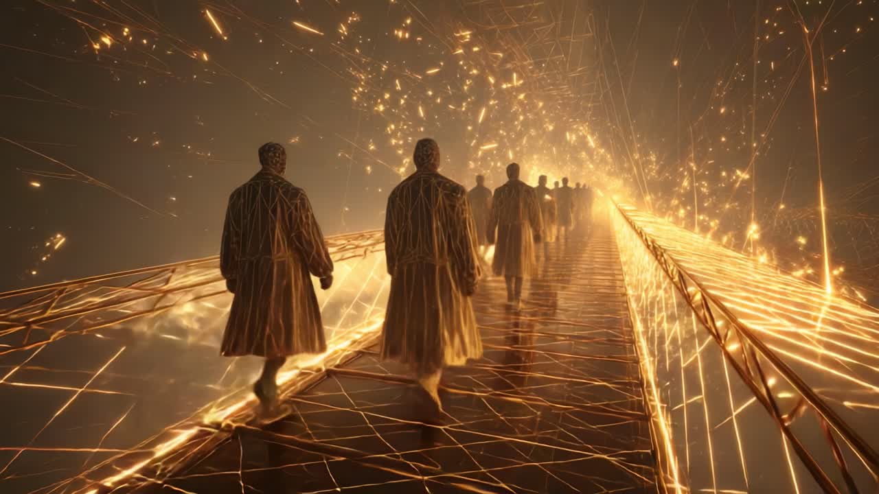 Futuristic Golden Bridge with People