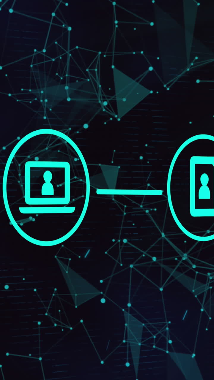 Animation of technology icons over black background with connections and shapes