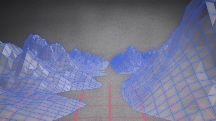 Animazione di montagne wireframe 3D blu in stile synthwave su griglie rosse.