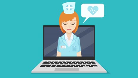 cartoon style, colorful animation of online medical consultations. happy red hair nurse is talking on a laptop screen. animation is in easy to edit loop.