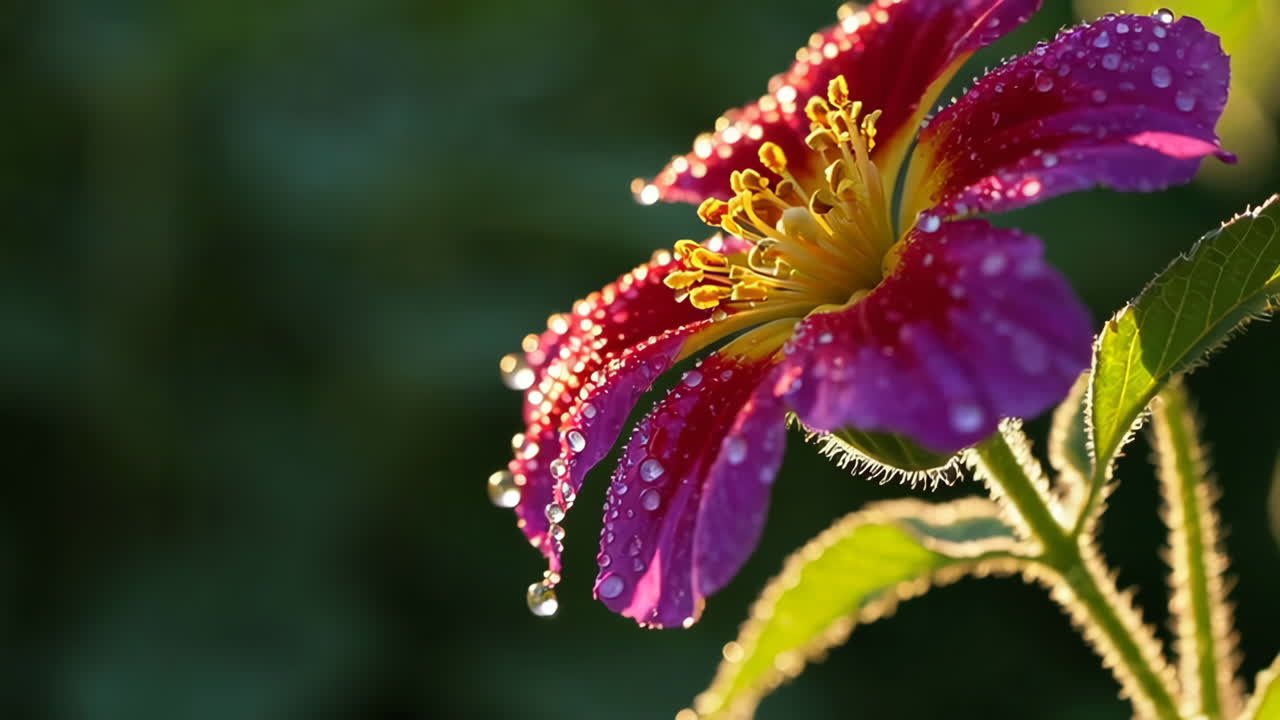 una delicada flor rosada con gotas de rocío