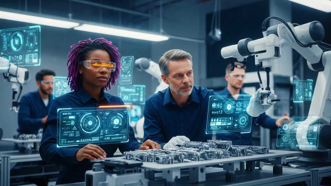 Advanced Robotics Collaboration in Smart Manufacturing: Engineers and Automated Systems Optimize Production with Cutting-Edge Technology and Real-Time Data Visualization