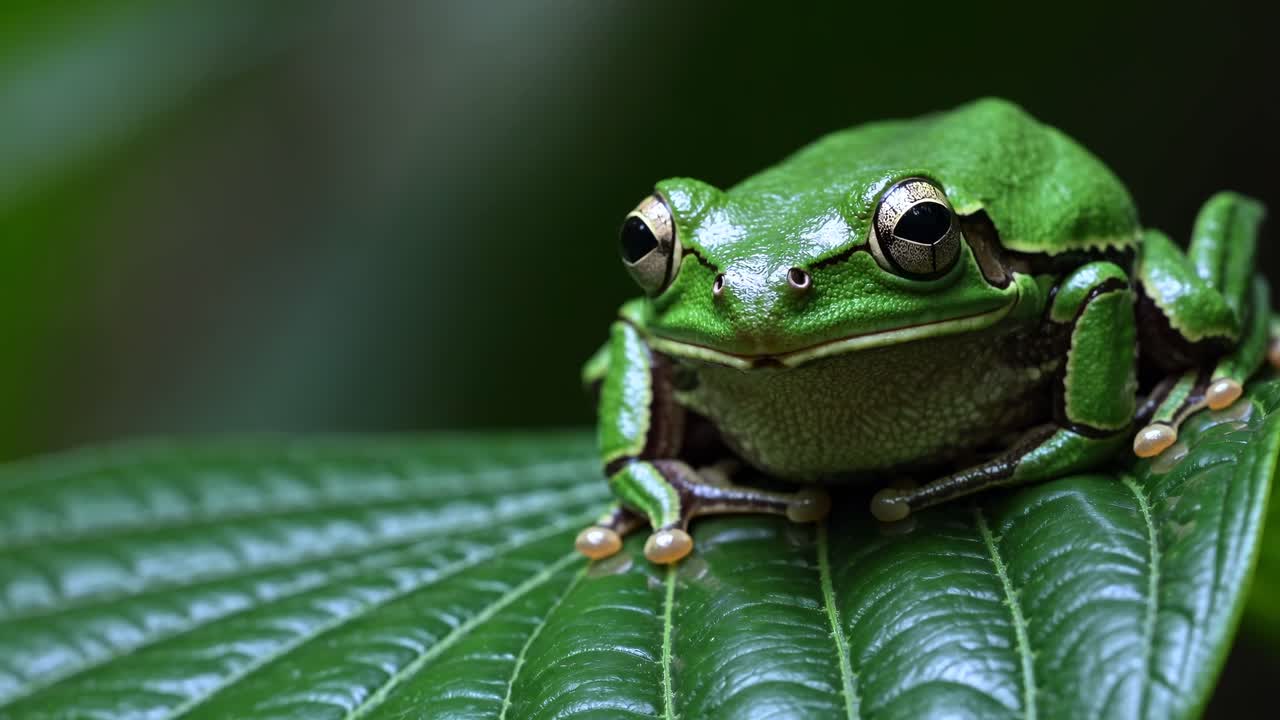 Close-up video of a vibrant green frog on a leaf, captured from a low angle