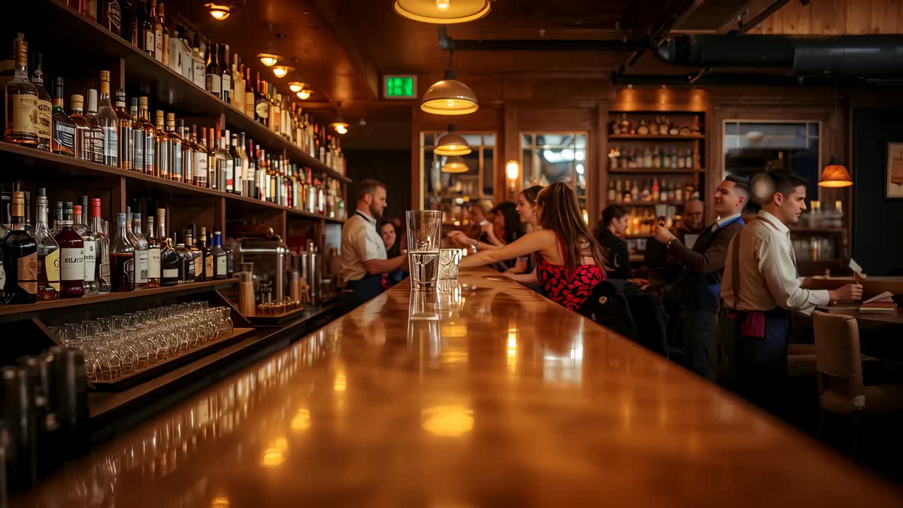 Reaching patron in red dress leading bartender serving drinks to celebrate at warm bar, pitcher