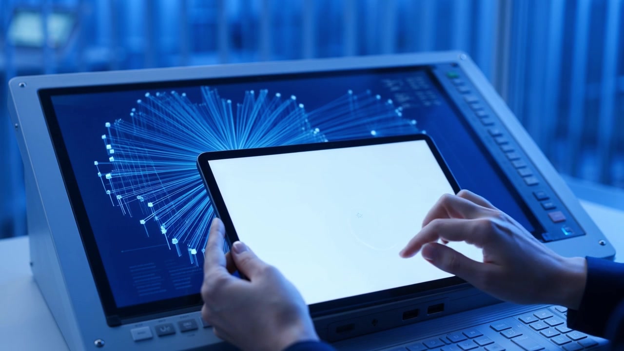 Hænder, der trykker og zoomer på en tabletskærm i et højteknologisk miljø