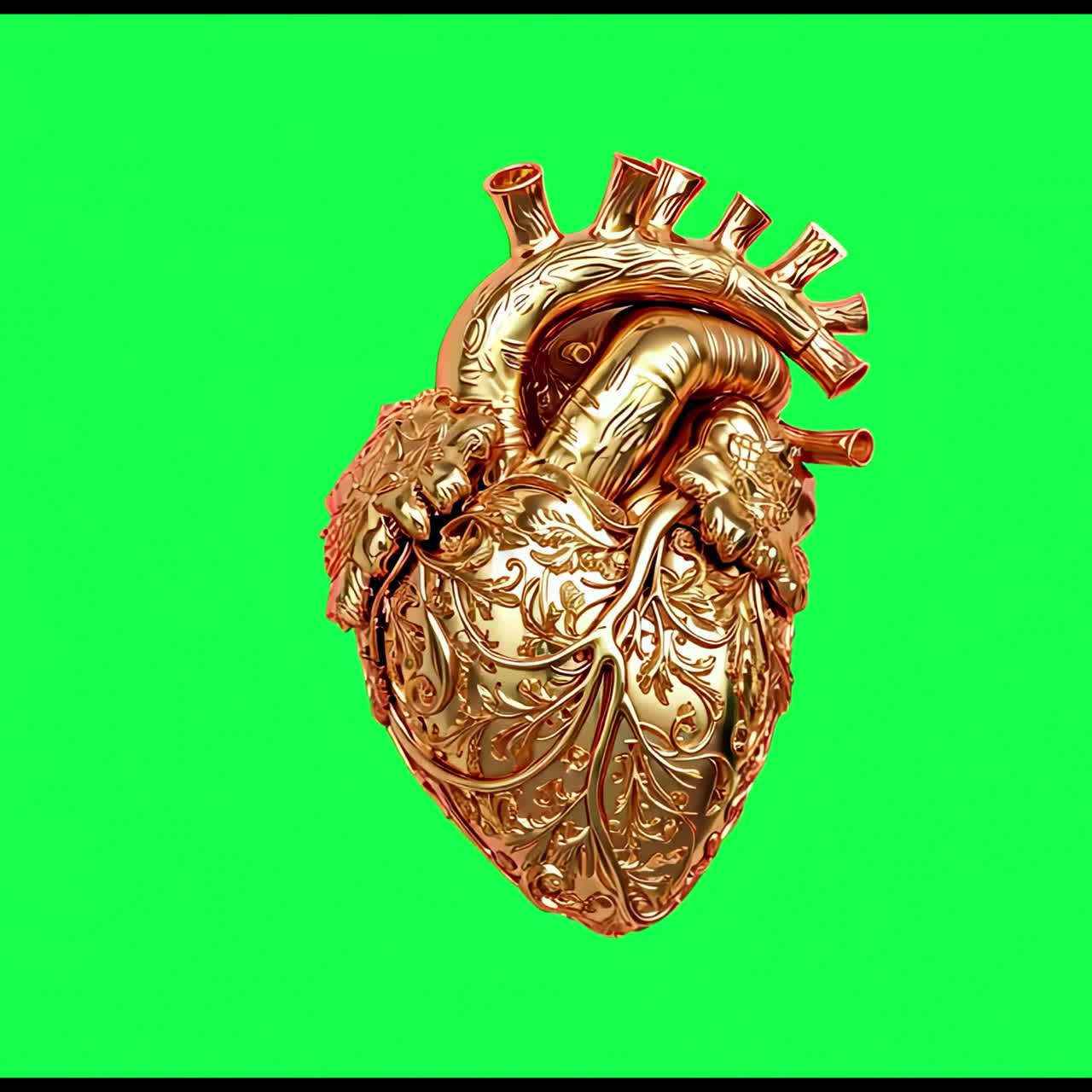 Ornate golden heart sculpture animation isolated asset, transparent 4K video, alpha channel, ProRes