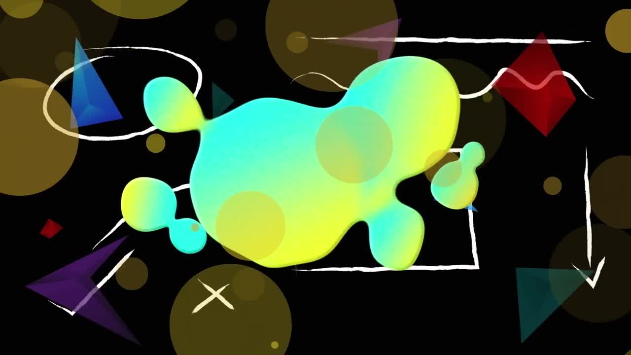 검은색 배경의 반점 위에 초록색 모양과 화살표의 애니메이션