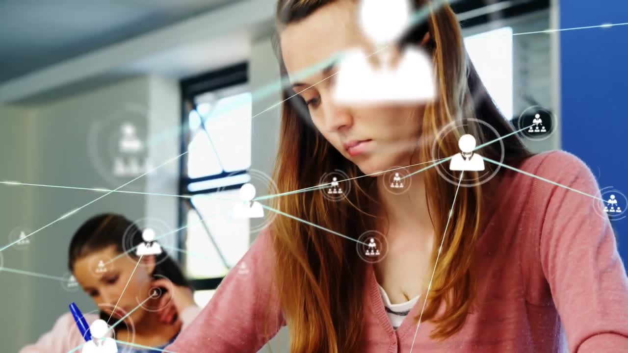 animación de la red de conexiones con iconos sobre diversos estudiantes en el aula