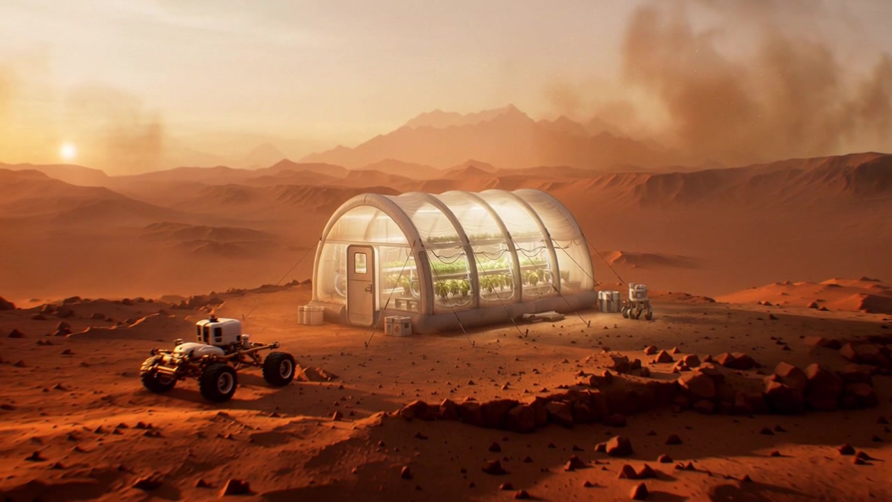 Mars Greenhouse Research Station with Rover on Red Planet Surface