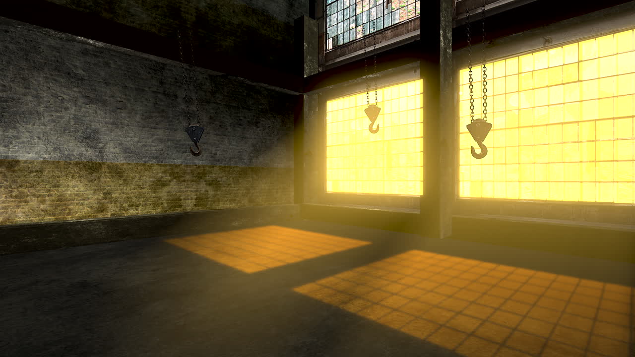 panorama de la sala de almacenamiento vacía con grandes ventanas y ganchos de hierro para la carga