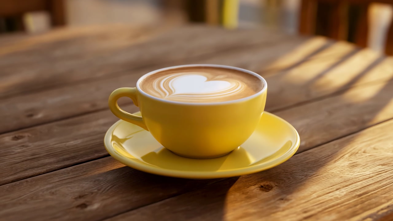 Yellow Cup Latte On Wooden Table, Warm Morning Light, Heartshaped Latte Art, Barista Setup, Soft Shadows,