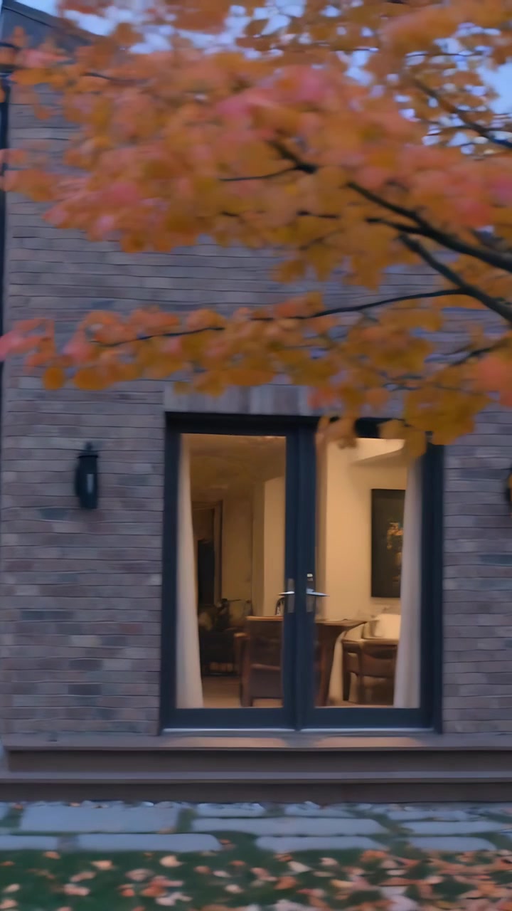 Video verticale: Telecamera che inizia a panoramica, rivelando una casa in mattoni nel cortile al tramonto con un albero di arance