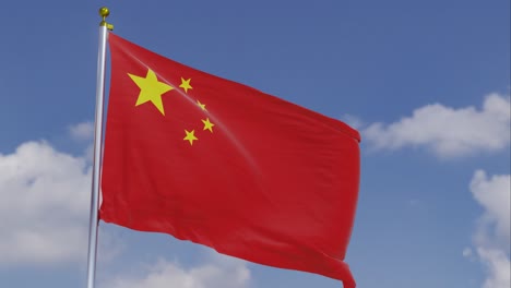 Flag-Of-China-Moving-In-The-Wind-With-A-Clear-Blue-Sky-In-The-Background,-Clouds-Slowly-Moving,-Flagpole,-Slow-Motion