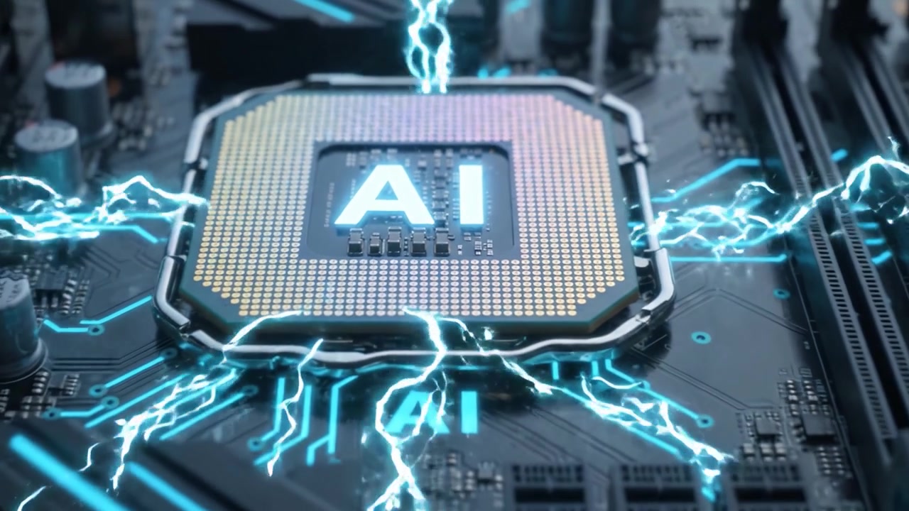An Advanced AI Microchip with Electric Surge Reveals the Future of Technology, Showcasing Detailed Circuitry and High-Tech Innovations in a Stunning Display.