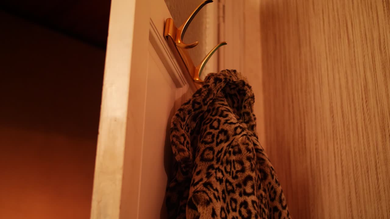 Panoramica di un cappotto con stampa leopardata appeso a un gancio della porta con illuminazione interna calda.