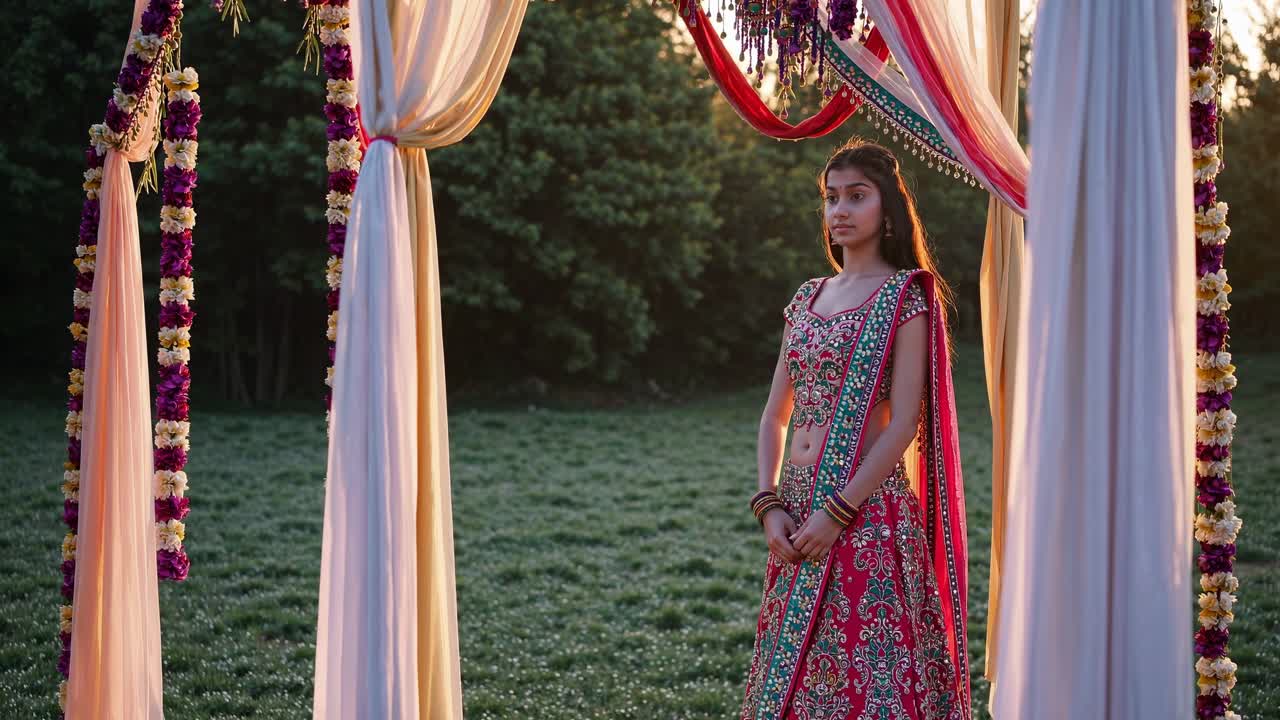 Young Indian bride wearing a traditional red lehenga and jewelry, standing gracefully beneath a colorful archway adorned with flower garlands, exuding elegance during a wedding ceremony