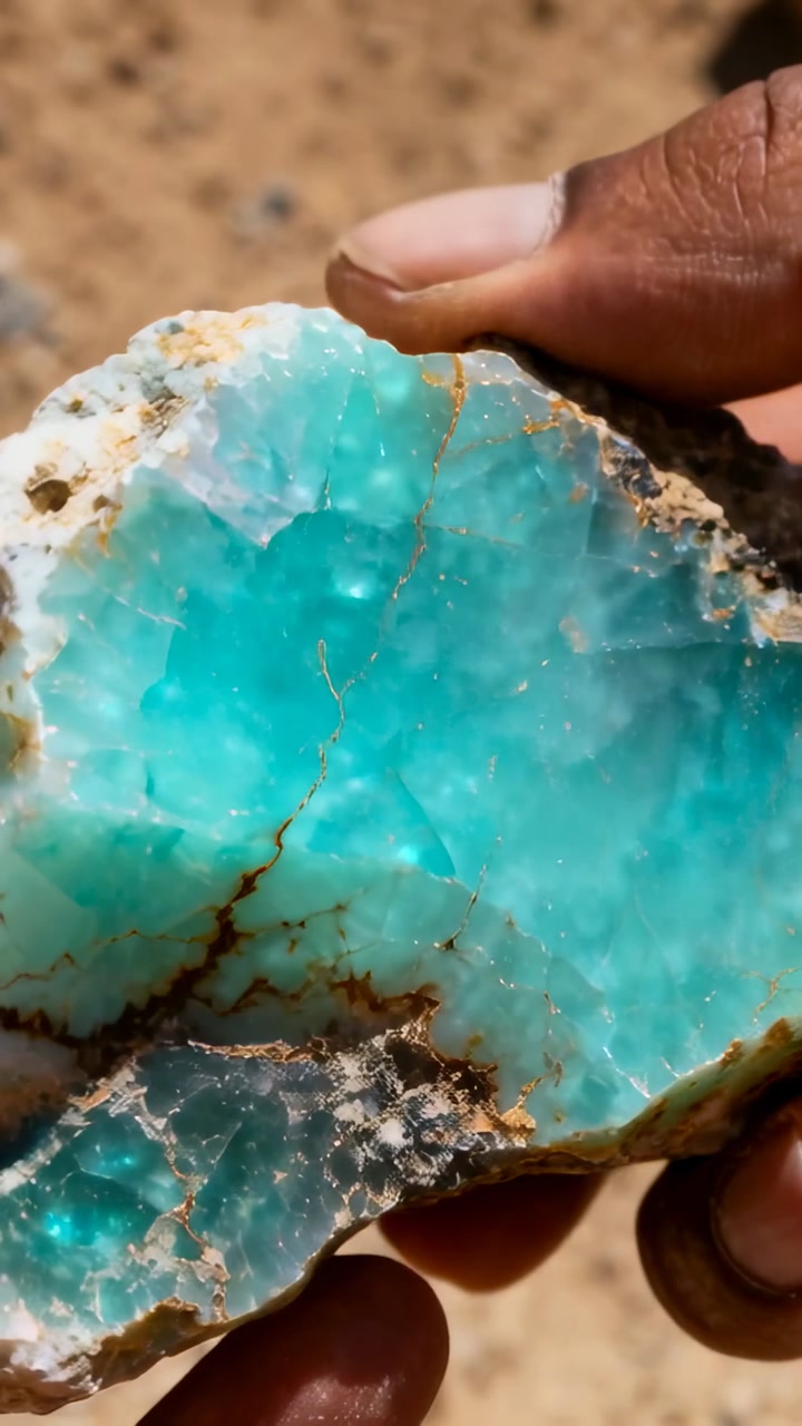 Vertical video: Collector hands rotating mineral in sunny site inspecting blue core and iron veins