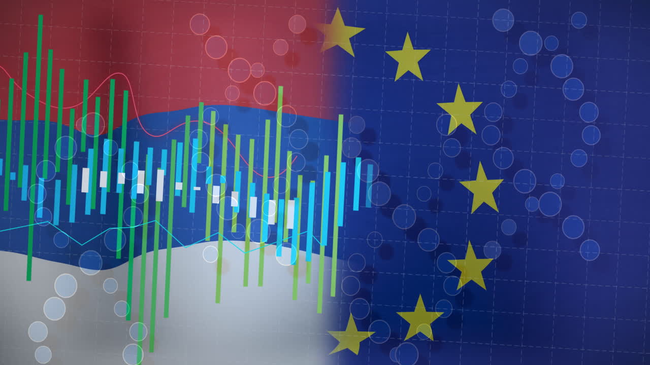 Serbian flag with animation of financial graphs next to European Union flag